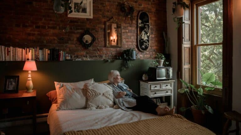 A Elderly Woman Sitting on the Bed while Looking Outside the Window