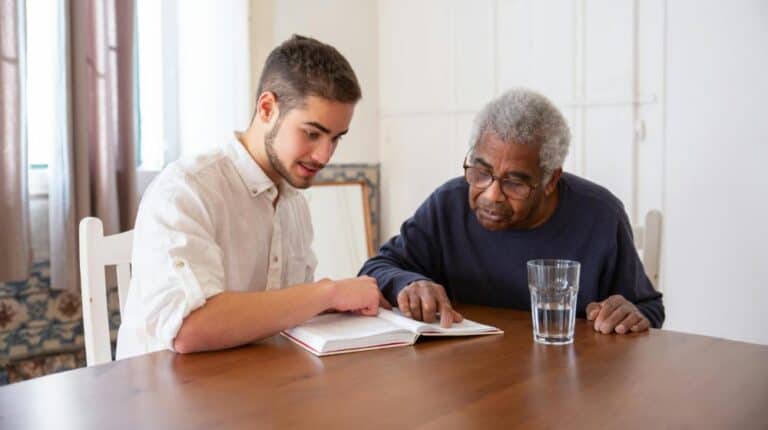 Man in White Shirt Talking to the Man in Blue Sweater while | Alzheimer's and Dehydration